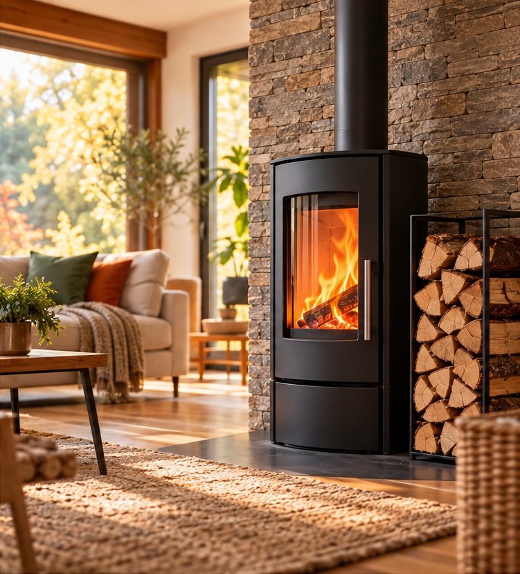 Bûches de bois et poêle à bois dans un intérieur chaleureux