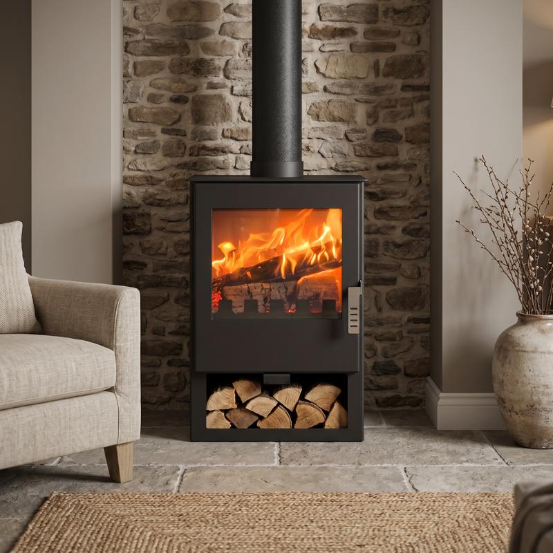 Poêle à bois moderne avec feu visible