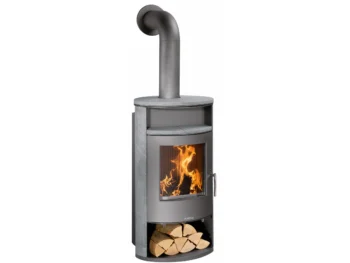 Poêle à bois Justus Island Aqua avec habillage en pierre ollaire, gris fonte 10 kW